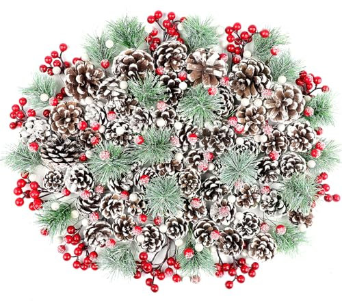 200 Stück Weihnachtstannenzapfen mit roten Beeren, Tannenzweig-Set, natürlicher Schnee, Weihnachtstannenzapfen, Tannenzweig, verschiedene Größen, künstliche rote Beeren als Weihnachtsbaumschmuck
