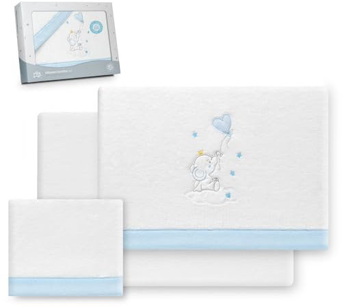 Interbaby - Bettwäsche-Set für Kinderbett, 60 x 120 cm, 100% Polyester, warm, inklusive Spannbettlaken, Bettbezug und Kissenbezug, ideal für den Winter, Elefantenballon Herz, Weiß/Blau