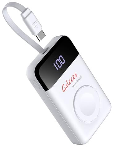 Galeces 3000mAh Mini Portable Charger for Apple Watch,Fast Charging for iWatch and iPhone,Wireless Magnetic Charger with Built-in USB C Cable,Travel Gifts for SE/Ultra/1-9 Series,iPhone15/16, White