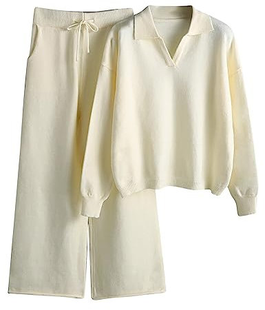 Damen Sweatshirt Einfarbiges Strickset Für Damen. Damen-Pullover Mit Weitem Bein Und Lockerem Hals, Temperament, Zweiteiliges Set Longsleeve Damen (Beige, A)
