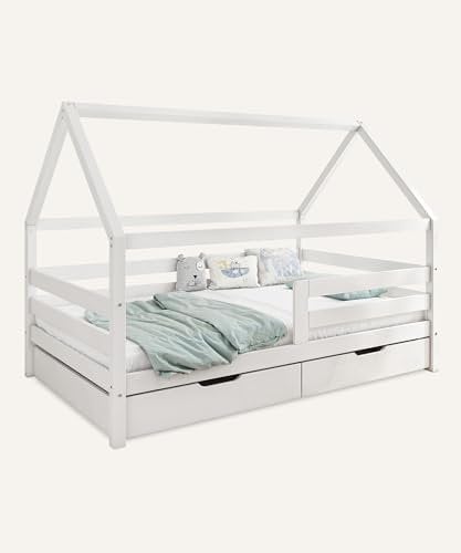 Ehrenkind® Hausbett K3 mit Doppelschublade aus massivem Kiefernholz Weiß 90x200 cm