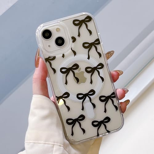 UEEBAI Magnetic Case for iPhone 14 & 13, Bow Compatible with MagSafe, Slim Clear Ribbon Phone Case Anti-Yellowing Shockproof Protective Cover for Women - Black