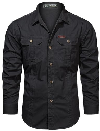 PADOLA Chemise Homme Manches Longues Slim Fit Coton Boutonnée Chemises avec Poches Col Rever Chemise de Travail Cargo Uni Chemisette Militaire Tactique Shirt Safari Habit (2 Noir, 2XL)