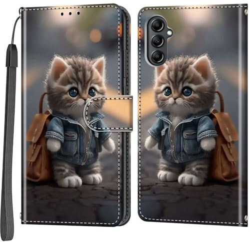 Handyhülle für Samsung Galaxy A14 4G / A14 5G Hülle, Magnetische Flip Stoßfeste Schutzhülle mit Standfunktion Kartenfächern Klapphülle Handytasche Katze