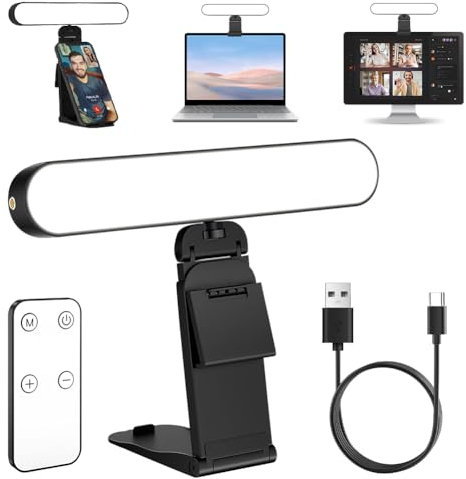 Videolicht LED mit Multifunktionshalter, Fernsteuerung von 3 Lichtmodi mit Fernbedienung, 10 Helligkeiten, 180° Drehung Streaming Licht für Handy, Laptop, Monitor, Webcam, Büro, Geschenk