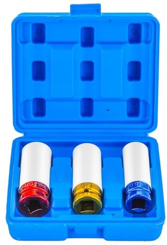 DASBET 3PCS Lug Nut Impact Socket Set 1/2 Inch Drive Impact Wheel Nut Socket Set Thin Wall Deep Wheel Protector Socket Set 6 Point, Metric 17mm, 19mm, 21mm