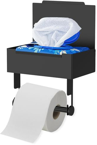Black Toilet Roll Holder with Shelf and Wet Wipes Dispenser, No Drill Stainless Steel Self-Adhesive Toilet Paper Holder with Storage Upgrade Box Design for Kitchen Bathroom(black)