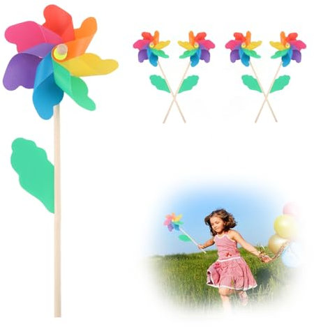 WindräDer, Dwafill 4 Windrad Kinder, 40cm Holzstange, Bunte WindbläTter, WindmüHle Garten, Geeignet fur Strand, Park, Camping, Balkon, Windspiel Sommer (4)