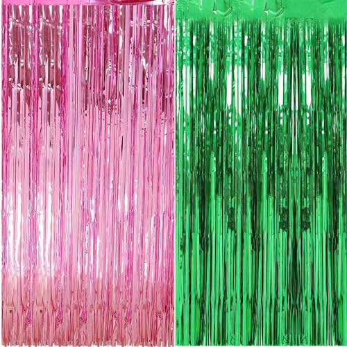 1 Pcs Tinsel Curtains, 6.56ft Metallic Tinsel Foil Fringe Curtains, Green and Pink Party Decorations, Photo Booth Backdrop Hanging Door Streamers for Birthday Party, Foil Curtain Decorations