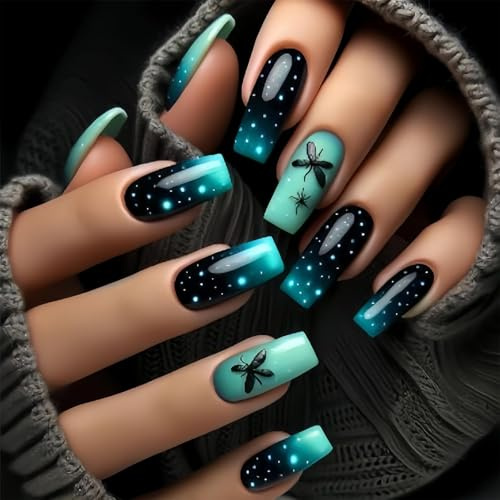 Shimmerz 24 Piece Dark Green Gradient Sticker Nails, Long Length Butterfly Pattern False Nails, Square Coffin Nails for Women