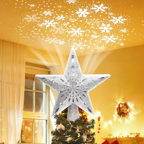 Puntale per albero di Natale a forma di stella: illuminato con 6 motivi proiettati, proiettore di fiocchi di neve, luci a LED cave, glitterate, luce magica rotante per decorazioni per albero di Natale