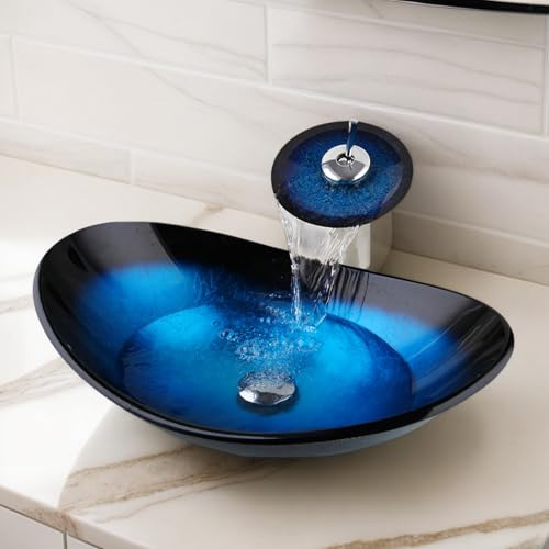 kiciykc Bathroom Sink Blue Glass Countertop Sink 540x350x165mm | Tempered Glass Countertop Basin Sink,Oval Sink Bowl with Mixer Tap and Pop-Up Waste Combo,Wash Basin for Bathroom Vanity