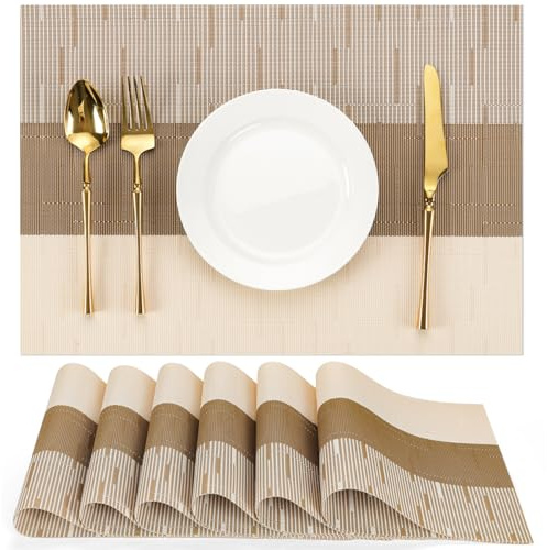 Chitomars Placemats Set of 6, Vinyl Woven Place Mats Indoor Set of 6 Washable Wipeable PVC Table Mats Heat-Resistant Non Slip Placemat for Kitchen Dining Outdoor Table (Beige Light Brown, Set of 6)