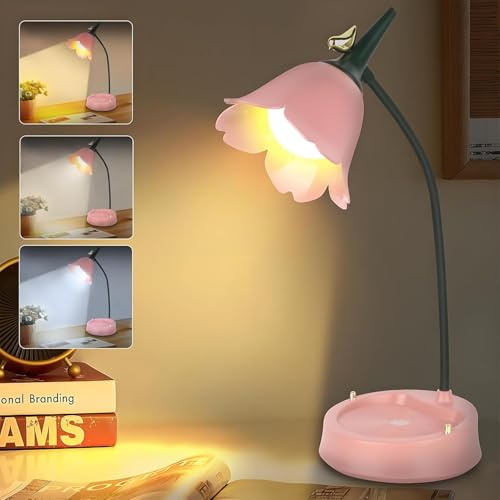 DAJASD Lampada da scrivania per bambini, lampada da scrivania ricaricabile, lampada da tavolo a LED dimmerabile con 3 temperature di colore e braccio flessibile(rosa, 39x15x12,5 cm)