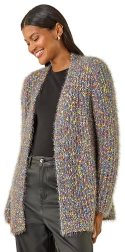 Roman Originals Women Fluffy Cardigan Ladies Winter Cardi Longline Edge to Edge Ombre Coatigan Casual Sparkly Glittery Jacket Knitwear Knitted Autumn Fleecy Cosy Soft Coats - Navy - Size 14