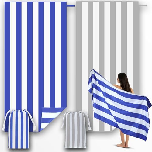 Anavasi Microfibre Beach Towels for Adults, 2 Pack 180 x 90cm 100% Recycled | With Drawstring Bag, Quick Dry, Sand Free, Absorb Water, Lightweight, Double Side Print for The Beach (Dark Blue and Grey)