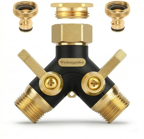Wisdomgarden 2 Wege Messing Gartenschlauch Verteiler, Y Wasserhahnverteiler mit 2 unabhängigen Ventilen, 1 Zoll Schlauchverteiler für Garten-mit 3/4 Zoll Adapter, Rasenbewässerung und Außenwasserhahn