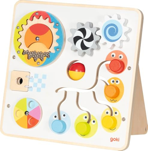 goki 59959 - Activity- und Motorikboard, Motorikspielzeug aus Holz mit Zahnrädern, Regenmacher, Schiebelabyrinth, Drehpuzzle und Spiegel