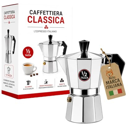AKITAInk Caffettiera Moka con Valvola di Sicurezza, Macchina per Caffè Tradizionale Disponibile da 1/2, 1, 2, 3, 6 e 9 Tazze, Pratica e Resistente (Mezza Tazza)