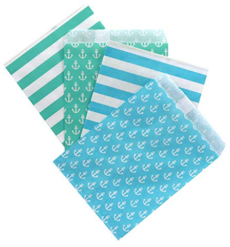 Frau WunderVoll® 100 PAPIERTÜTEN IM Set 1, 4x25 Stück: türkis Streifen, türkis Anker, beachblau Streifen, beachblau Anker 13x16,5cm, 45Gramm Papier, flach/Hochzeit, Papiertütchen, Mitgebseltüten