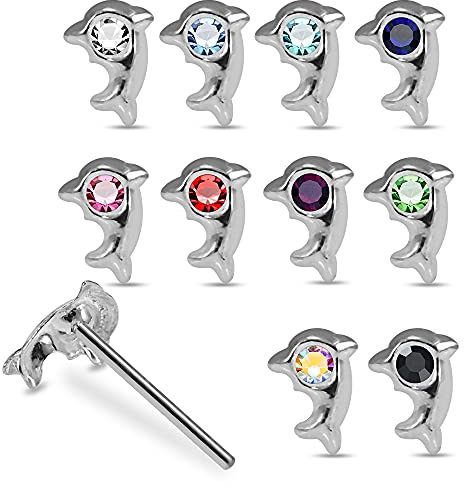 Monster Piercing 925 Sterling Silber | 20 x Nasenstecker Nasenpiercings Stud | Delfin | Kristallstein | Stabstärke: 22G (0,6 mm) | Stablänge: 7mm | in schicker Acryl Box | Hypoallergen