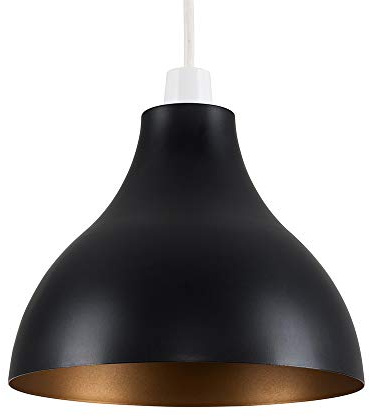 MiniSun | Retro Style Black and Gold Metal Ceiling Pendant Light Shade Complete with a 6w LED GLS Bulb [3000K Warm White] | Shades & Home Improvements Essential | 24cm Shade Width