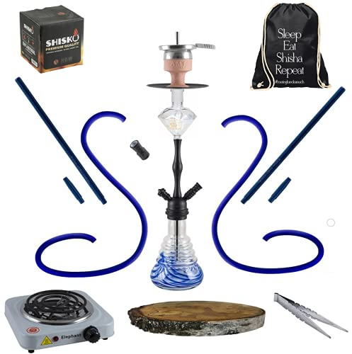 Amy Deluxe Shisha Set komplett 2 Anschlüsse 2 Schläuche Molassefänger Stillness klick II (blau/Black Powder) 50cm Kohleanzünder Kohle Kamin TabakKopf Dampfsteine