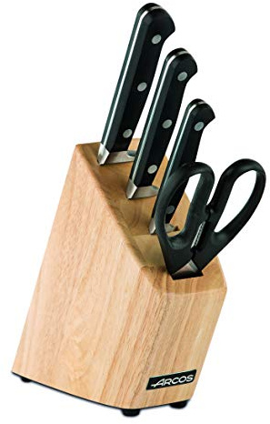 Arcos Serie Clasica - Geschenkbox Küchenmesser-Set 4 Stück (3 Messer + Küchenschere) - Klinge aus Nitrum geschmiedetem Edelstahl - HandGriff Polyoxymethilen (POM) - Walnuss lackierter Buchenholzblock