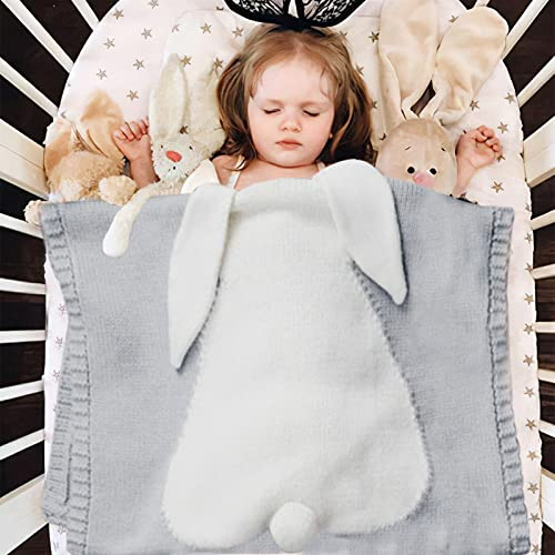 Surplex Baby Strickdecke, Kinderwagen im Freien Kinderdecke Krabbeldecke, Kuschelige Wolldecke Babydecke Gestrickt mit Zuckersüßem Häschen Motiv Für Jungen und Mädchen, 75 * 105cm, Maschinenwaschbar