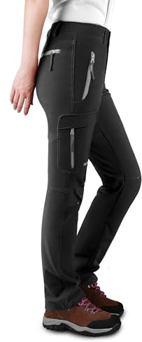 KUTOOK Wanderhose Damen Winter Wasserdicht Winddicht Arbeitshose Gefüttert Softshellhose Outdoorhose Trekkinghose Hose Outdoor Frauen Schwarz L