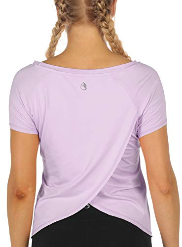 icyzone Damen Sport T-Shirt Kurzarm Yoga Top Schnell Trocken Elastisch Fitness Gym Oberteile (L, Lilac)