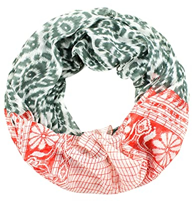 Sunsa Damen Loop Schal. 100% Baumwolle Schlauchschal für Frühlings/Sommer. Dünn Loopschal mit Blumen Design. Tücher und Schals als Frauen Geschenk (Rot/Grau #8)