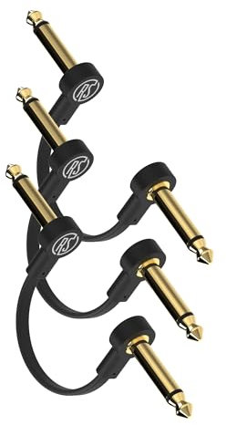 Rock Stock Guitar Flat Patch Cables (Pack of 3) - 4 Inch C-Shape Ultra-Thin Effect Guitar Pedal Patch Cables - Right-Angle, Black with Durable Gold Plated Connectors, Maximize Pedalboard Space