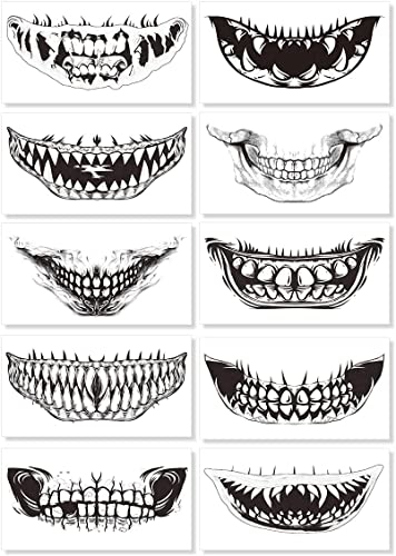Tatuaggi Temporanei Halloween, 10 Fogli Face Tattoo, Adesivi per Tatuaggi di Zombie con la Bocca per Donne Uomini Adulti Bambini Costume Spaventoso