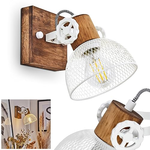 Wandleuchte Orny, Wandlampe im Vintage-Design aus Holz/Metall in Braun/Weiß Lichteffekt, Schirm in Gitter-Optik, Leuchte m. Holzbalken, Textilkabeln u. verstellbarem Strahler, E27, ohne Leuchtmittel