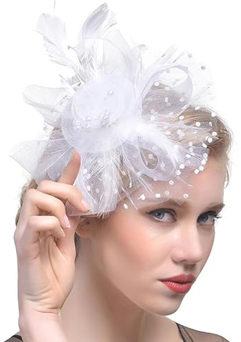 Fashband Fascinator Hut Mesh Feder Stirnband mit Haarspange Blume Cocktail Kopfbedeckung Hochzeit Braut Accessoires für Frauen und Mädchen(Weiß)