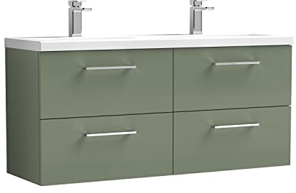 nuie ARN824F Arno Modern Bathroom Wall Hung 4 Drawer Double Vanity Unit with Twin Ceramic Basin, 1200mm, Satin Green