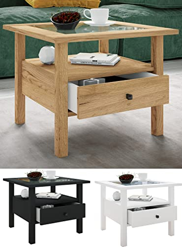 VCM Holz Beistelltisch mit ESG-Sicherheitsglas | Couchtisch schlicht | Maße ca. H. 42 x B. 54 x T. 54 cm | Wohnzimmertisch mit Schublade | Sofatisch - Lingis M