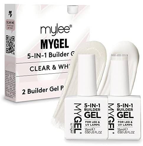 Mylee Duo Gel Construction Ongle UV/LED, Base 5-en-1 2x15 ml – Fortifiant pour Ongles, Capsules & Extensions, Décoration Nail Art, Décalcomanies & Bijoux, Manucure Professionnelle (Clear/White)
