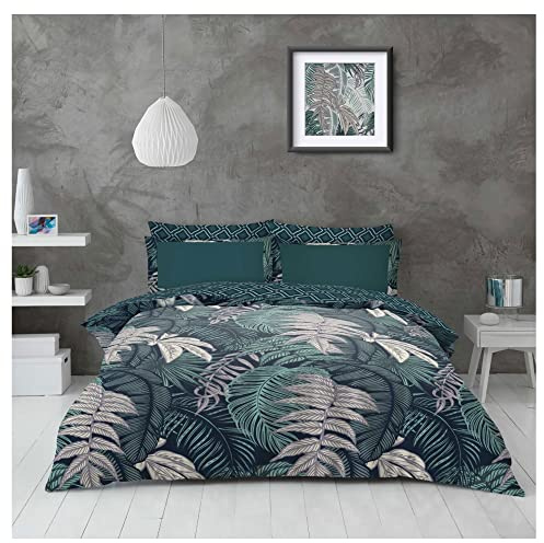 Lions Complete Bedding Set - Flower Printed Duvets Cover with Matching Pillowcase, Ultra Soft Reversible Poly Cotton Quilt Covers for Girls Women, Single Double King (Palms Green, Double)