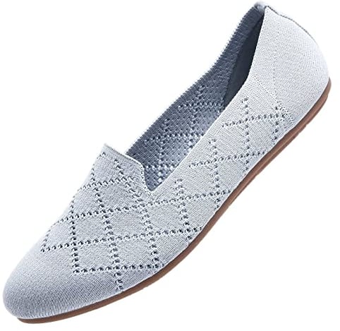 Puxowe Damen Ballerina Flache Schuhe Runde Zehe Strick Kleid Schuhe Niedriger Keil Slip On Ballerina Walking Flats für Frauen Bequem 36 EU Light Gray