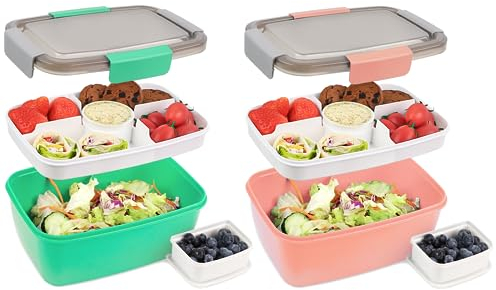 Bugucat Fiambrera Bento Box 2000ML 2 Set, Ensaladera Lunch Box Con 4 Compartimentos y Cubiertos, Caja a Prueba de Fugas Para Adultos, Almuerzo de Plástico Para Microondas