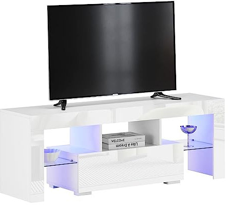TUKAILAi Modern RGB LED TV Unit High Gloss TV Stand Cabinet 130cm with LED light Entertainment Unit Cupboard with Storage for Living Room Bedroom for 32 40 43 50 55 inch White