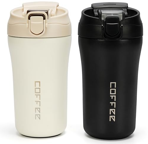 Belle Vous 2 Pack of Travel Coffee Mugs - 400ml/14oz Vacuum Insulated Stainless Steel Hot/Cold Drink Cups with Leakproof Lids - Reusable Thermal Bottles/Tumblers with Straws for Coffee, Tea or Water