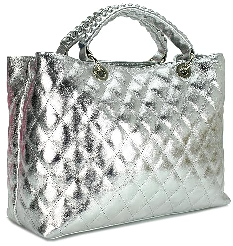 Belli edle italienische Echt Nappa Leder Damentasche Henkeltasche Umhängetasche gesteppt in silber argento - 34x25x17 cm (B x H x T)