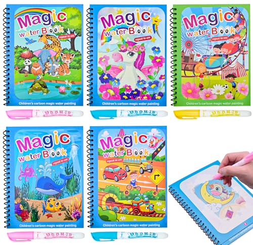 Lanvixo Livre de Coloriage a L’Eau, 5 Pièces Réutilisable Livre de Dessin Coloriage Peinture Magique de l'eau Magic Water Book avec 5 Stylos à Eau pour Enfants Filles Garçons, A