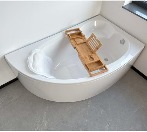 ECOLAM® Badewanne Wanne Eckwanne Acrylwanne Carmen 170x100 cm RECHTS + Bambusablage + Schürze + Kopfkissen Mare + Ablaufgarnitur Ab- und Überlauf Automatik Alcaplast Füße Acryl Komplett-Set