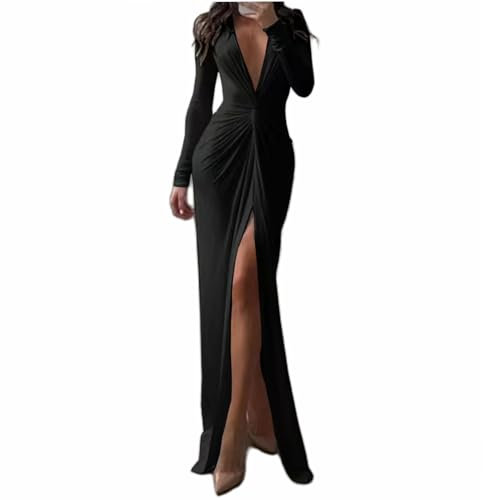 Vestido Elegante de Fiesta Cóctel Vestido Largo de Cuello en V para Mujer Maxi Vestido Ajustado sin Espalda para Ceremonia Evento Vestido Dividido de Color Sólido para Mujer (Negro 2, S)