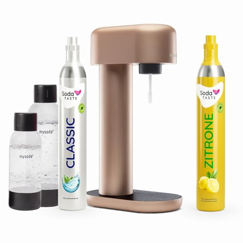 Sparpaket: Mysoda Ruby - Wassersprudler aus Aluminium mit 1L und 0,5L BPA-freier Plastikflasche, CO2-Zylinder Classic + CO2-Zylinder Zitrone (Kupfer)