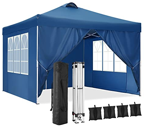 TOOLUCK Pavillon 3x3 Wasserdicht Stabil Winterfest Faltpavillon Partyzelt Faltbar Zelt Pop Up Gartenpavillon mit Entlüftung, 4 Seitenteilen, 4 Sandsack, Blau